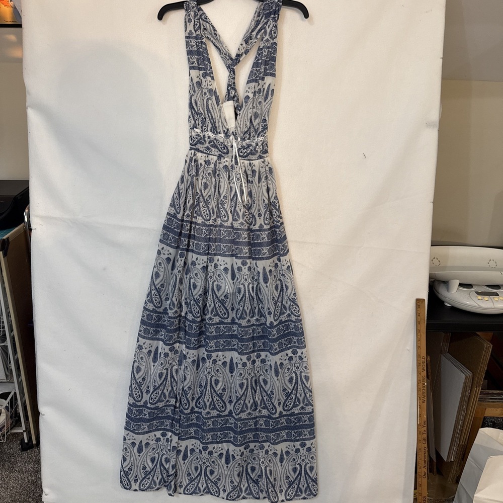 Aakaa Sleeveless Stripe Maxi Dress Blue White  Plunge Vneck Paisley Floral Small